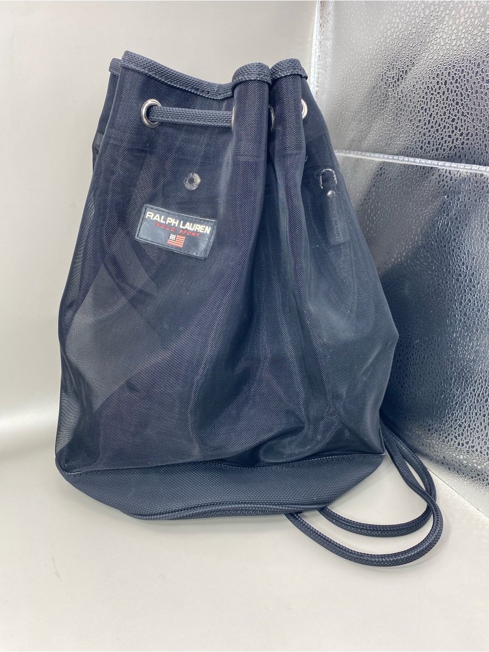 Vintage 1990’s Ralph Lauren Black Clear Mesh Drawstring Bucket Backpack